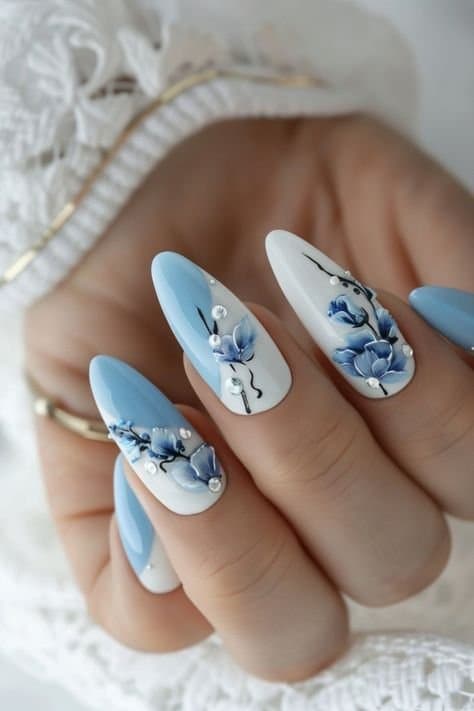 Lovely Nails blue floral pearl set in North York